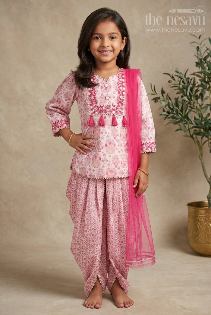 The Nesavu Girls Dothi Sets Elegant Floral Dhoti Pant Set with Embellished Dupatta for Girls Nesavu 16 (1Y) / Pink GPS262A-16 Girls Floral Dhoti Pant Set | The Nesavu