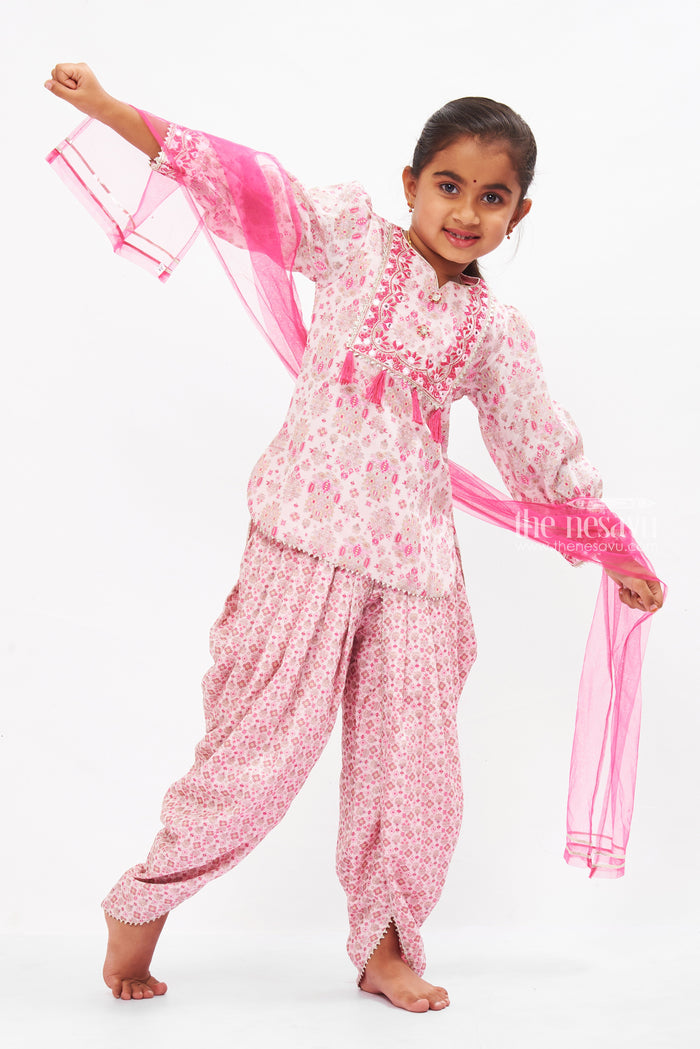 The Nesavu Girls Sharara / Plazo Set Elegant Floral Dhoti Pant Set with Embellished Dupatta for Girls Nesavu Girls Floral Dhoti Pant Set | Traditional Ethnic Wear | Embellished Dupatta | The Nesavu