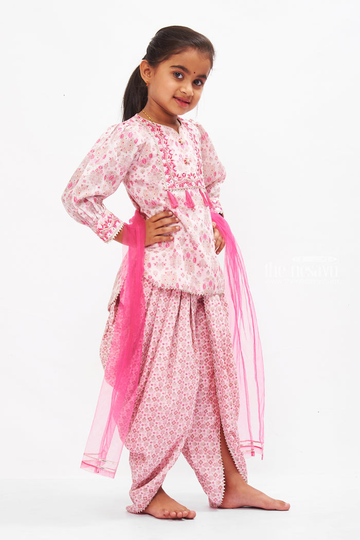 The Nesavu Girls Sharara / Plazo Set Elegant Floral Dhoti Pant Set with Embellished Dupatta for Girls Nesavu Girls Floral Dhoti Pant Set | Traditional Ethnic Wear | Embellished Dupatta | The Nesavu