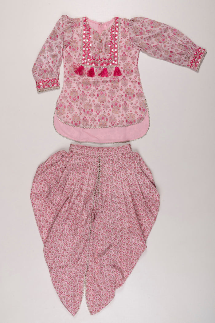 The Nesavu Girls Sharara / Plazo Set Elegant Floral Dhoti Pant Set with Embellished Dupatta for Girls Nesavu 16 (1Y) / Pink GPS262A-16 Girls Floral Dhoti Pant Set | Traditional Ethnic Wear | Embellished Dupatta | The Nesavu
