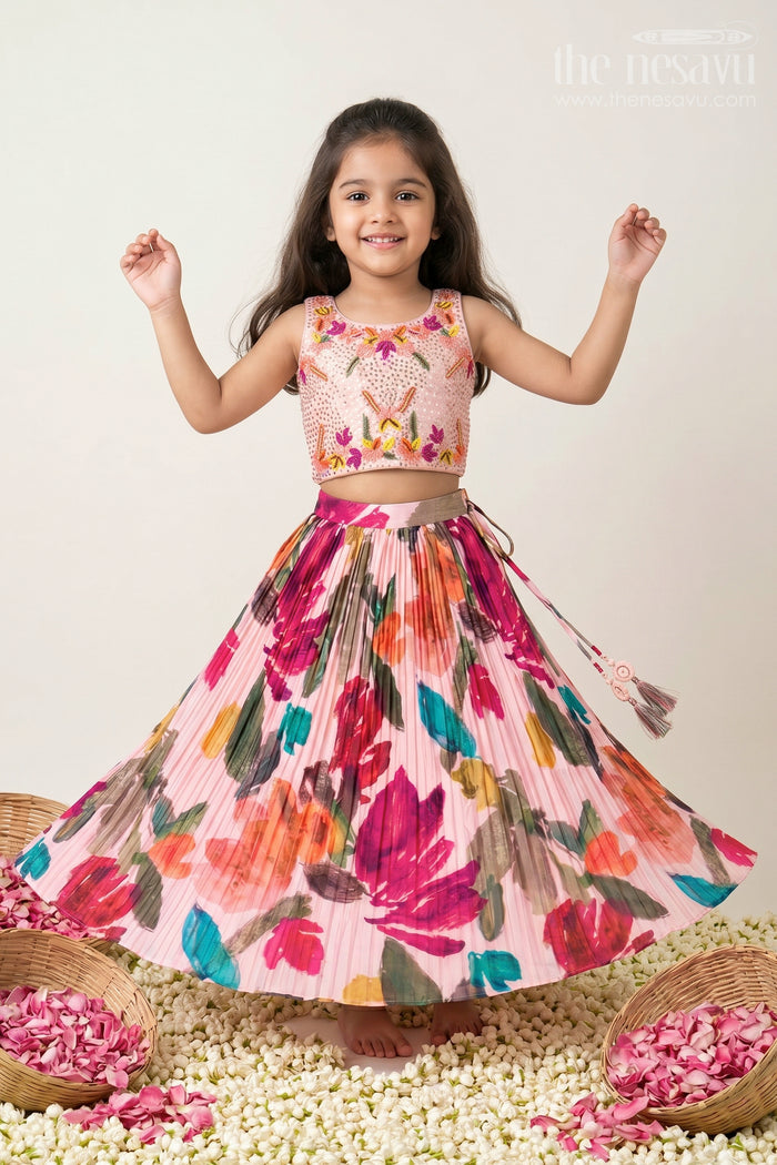 The Nesavu Girls Lehenga Choli Elegant Floral Lehenga for Girls in Chinon Silk with Digital Print and Embroidered Choli Nesavu 24 (5Y) / Peach GL580A-24 Floral Lehenga Girls Chinon Silk Digital Print Embroidered Choli | The Nesavu