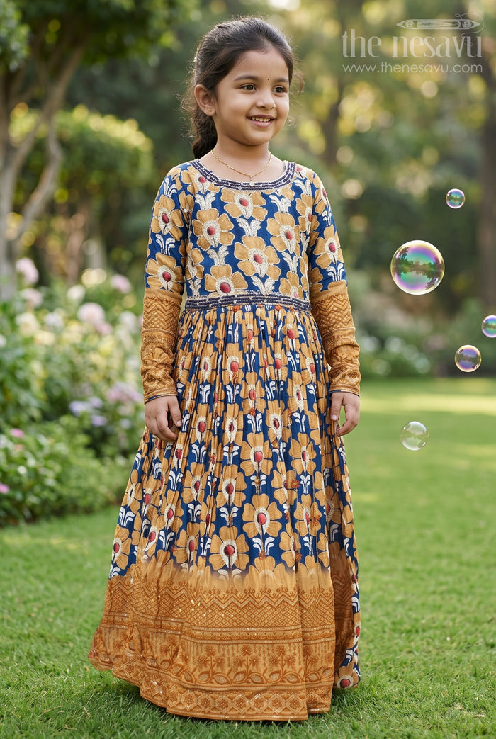 The Nesavu Girls Party Gown Elegant Floral Motif Navy Blue and Mustard Anarkali Gown for Girls- Festive Anarkali Dresses Nesavu 18 (2Y) / Yellow / Chinnon GA151A-18 Ethnic Anarkali Dresses Online Shopping | The Nesavu
