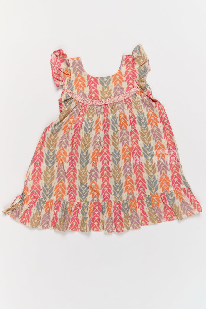 The Nesavu Girls Cotton Frock Elegant Girls Cotton Chikan Dress with Vibrant Chevron Print and Intricate Lace Details Nesavu Nesavu Girls Cotton Chikan Dress Vibrant Chevron Print Lace Yoke Ruffle Details