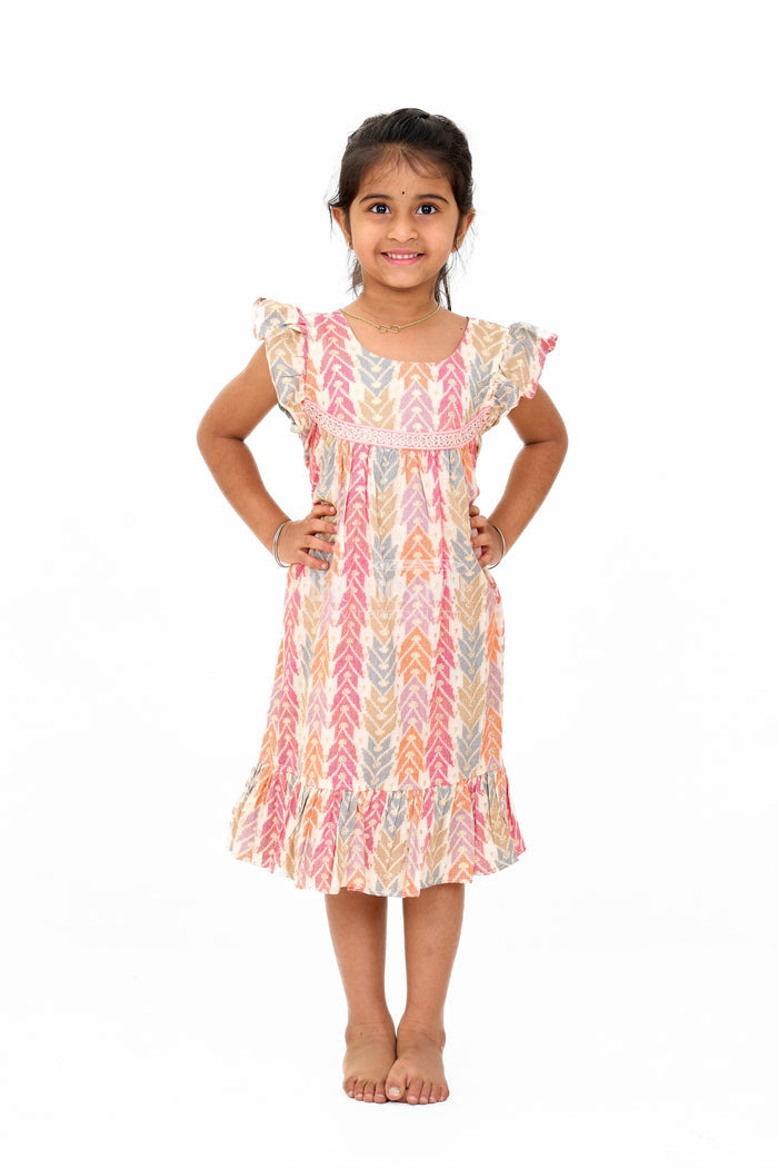 The Nesavu Girls Cotton Frock Elegant Girls Cotton Chikan Dress with Vibrant Chevron Print and Intricate Lace Details Nesavu 16 (1Y) / Peach GFC1550B-16 Girls Cotton Chikan Dress Vibrant Chevron Print Lace Yoke Ruffle Details | The Nesavu