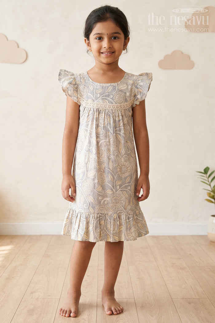 The Nesavu Girls Cotton Frock Elegant Girls Floral Cotton Dress with Vibrant Print and Ruffle Details Nesavu 16 (1Y) / Multicolor GFC1549A-16 Nesavu Girls Floral Cotton Dress Lace Yoke Ruffle Hem Cheerful Print Spring Events