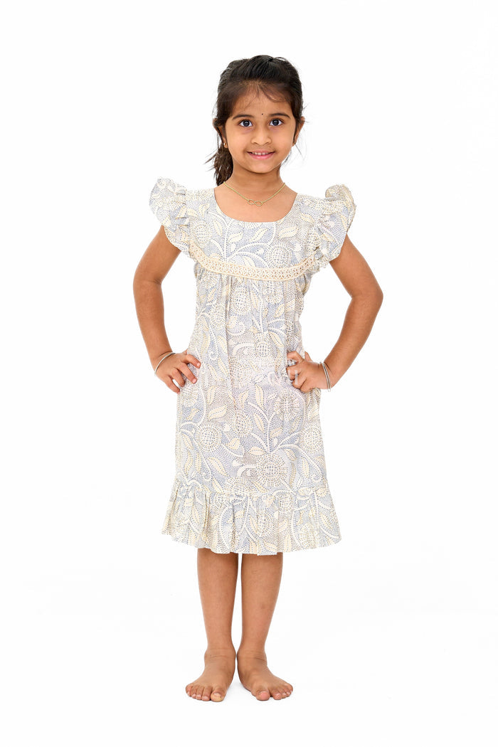 The Nesavu Girls Cotton Frock Elegant Girls Floral Cotton Dress with Vibrant Print and Ruffle Details Nesavu 16 (1Y) / Multicolor GFC1549A-16 Nesavu Girls Floral Cotton Dress Lace Yoke Ruffle Hem Cheerful Print Spring Events