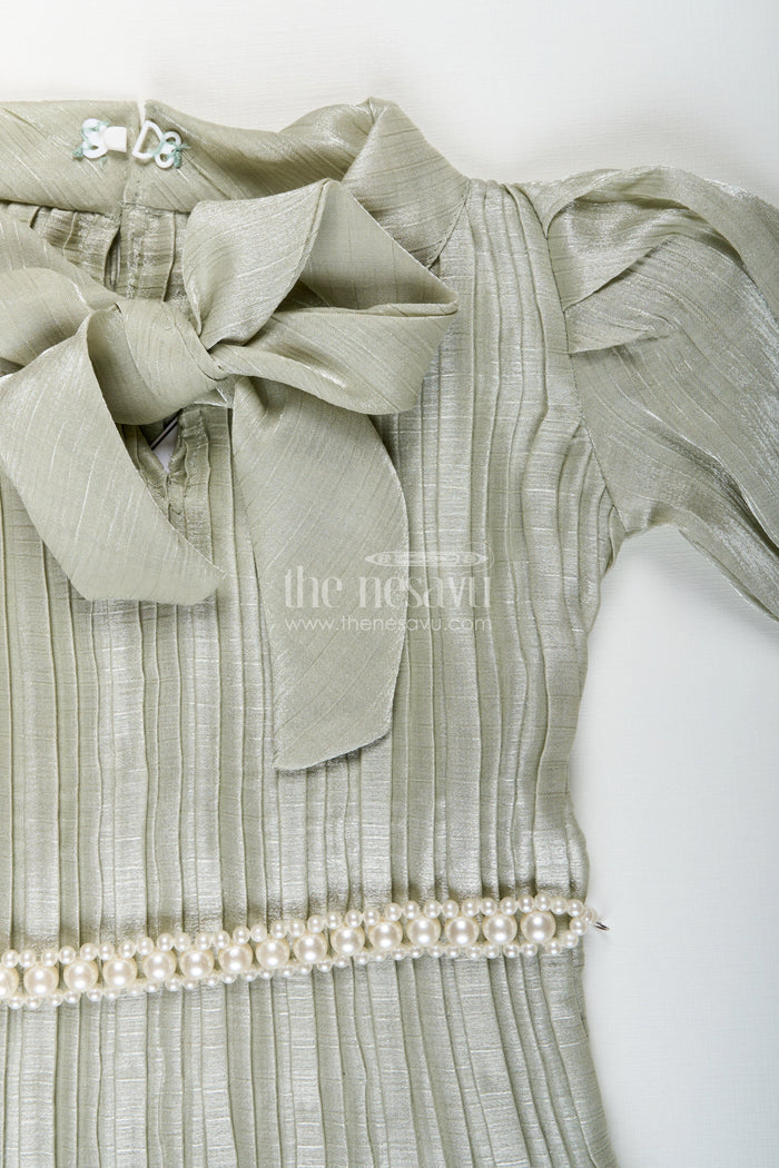 The Nesavu Girls Casual Set Elegant girls pleated georgette co-ord set with flared pants and stylish top Nesavu Green pleated georgette co-ord set girls  Nesavu trendy traditional casuals