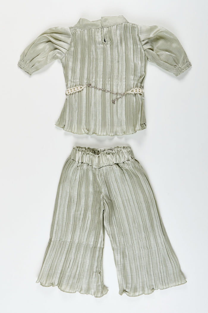The Nesavu Girls Casual Set Elegant girls pleated georgette co-ord set with flared pants and stylish top Nesavu Green pleated georgette co-ord set girls  Nesavu trendy traditional casuals