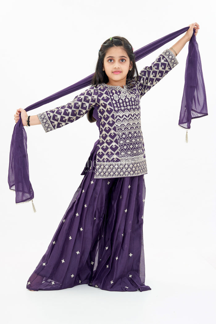 The Nesavu Girls Sharara / Plazo Set Elegant Girls Sharara Choli Dress with Embroidered Georgette and Matching Dupatta Nesavu 24 (5Y) / Purple GPS531A-24 Elegant Girls Sharara Choli Dress Embroidered Georgette Matching Dupatta | The Nesavu