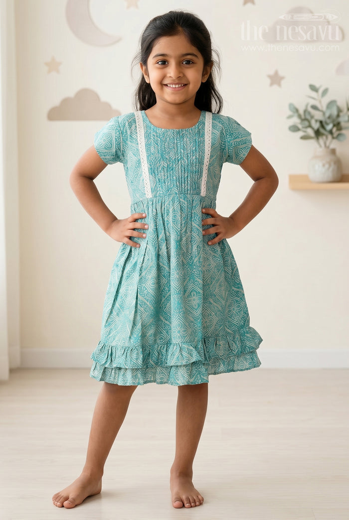 The Nesavu Girls Cotton Frock Elegant Green Cotton Girls Frock with Floral Print and Lace Detailing for Casual Wear Nesavu 16 (1Y) / Green GFC1595B-16 Elegant Green Cotton Girls Frock Floral Print Lace Detailing Casual Wear | The Nesavu
