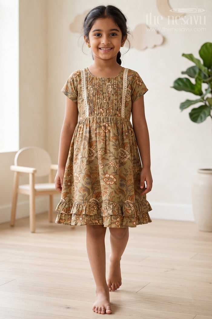 The Nesavu Girls Cotton Frock Elegant Green Cotton Party Wear Frock for Girls with Floral Prints and Ruffle Hem Nesavu 16 (1Y) / Green GFC1597A-16 Elegant Green Cotton Party Wear Frock Girls Floral Prints Ruffle Hem | The Nesavu