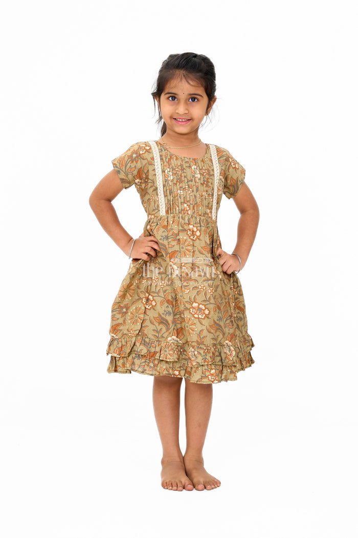The Nesavu Girls Cotton Frock Elegant Green Cotton Party Wear Frock for Girls with Floral Prints and Ruffle Hem Nesavu 16 (1Y) / Green GFC1597A-16 Nesavu Elegant Green Cotton Party Wear Frock Girls Floral Prints Ruffle Hem