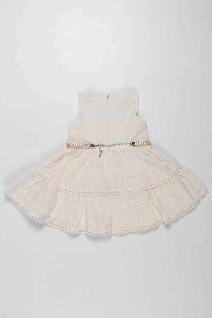 The Nesavu Baby Cotton Frocks Elegant Ivory Eyelet Baby Frock with Glimmering Waistband - Timeless Elegance Nesavu Ivory Eyelet Lace Frock for Baby Girls | Perfect for Celebratory Occasions | The Nesavu