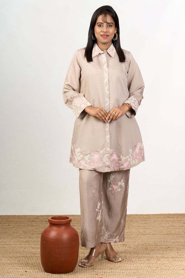 The Nesavu Womens Co-Ord Sets Elegant Linen Co Ord Trouser Set for Women with Subtle Embroidery Detailing Nesavu 38 (M) / Gray WTW025A-38 Linen Co Ord Trouser Set Women Subtle Cotton Embroidery Detailing | The Nesavu