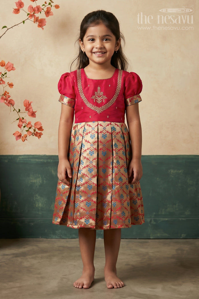 The Nesavu Silk Party Frock Elegant Maroon and Gold Pattu Silk Frock: Intricate Gold Embroidery with Floral Banarasi Design for Girls Nesavu 16 (1Y) / Pink / Silk Blend SF786A-16 Maroon and Gold Pattu Silk Frock | The Nesavu
