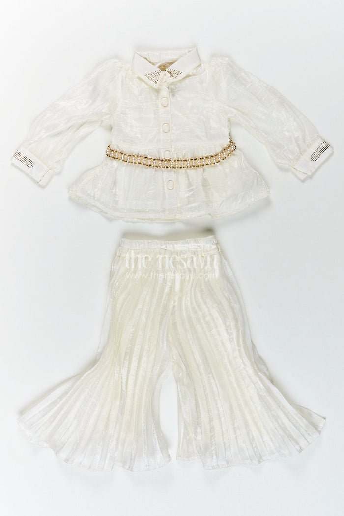 The Nesavu Elegant party set for toddler girls with collar top and pleated pants Nesavu 18 (2Y) / Half white GPS830A-18 Nesavu party set toddler girls pleated pants collared top  ideal evening celebrations