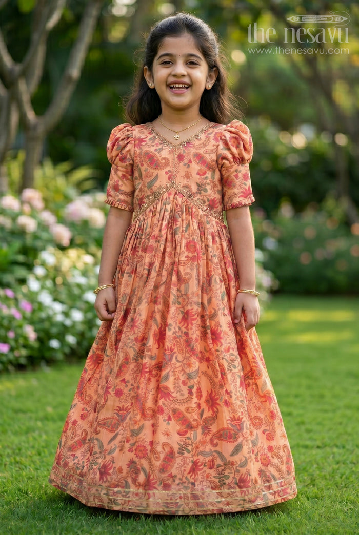 The Nesavu Girls Party Gown Elegant Pink Floral Muslin Silk Party Gown for Girls Nesavu 16 (1Y) / Pink GA228A-16 Elegant Pink Floral Muslin Silk Party Gown for Girls - Stunning & Comfortable | The Nesavu