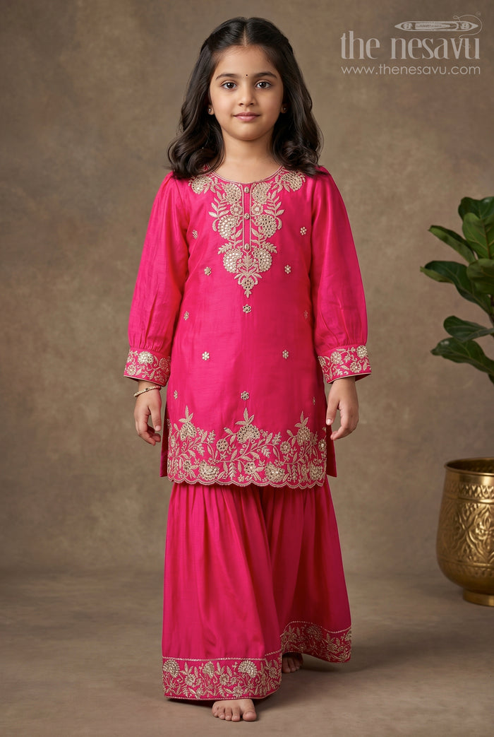 The Nesavu Girls Sharara / Plazo Set Elegant Plain Kurti Plazo Set for Girls with Embroidered Chinon Fabric and Flared Bottom Nesavu 22 (4Y) / Pink GPS537A-22 Elegant Plain Kurti Plazo Set Girls Embroidered Chinon Fabric Flared Bottom | The Nesavu