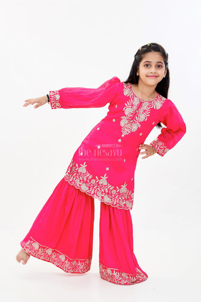 The Nesavu Girls Sharara / Plazo Set Elegant Plain Kurti Plazo Set for Girls with Embroidered Chinon Fabric and Flared Bottom Nesavu 22 (4Y) / Pink GPS537A-22 Nesavu Elegant Plain Kurti Plazo Set Girls Embroidered Chinon Fabric Flared Bottom