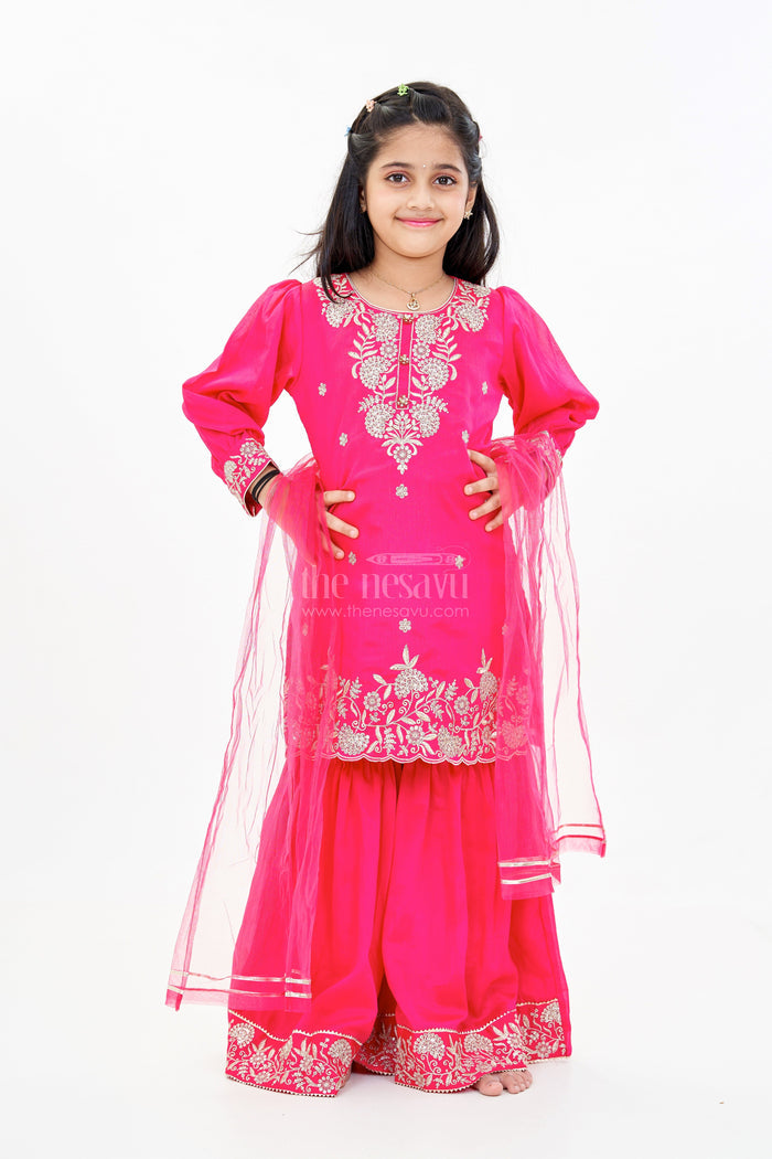 The Nesavu Girls Sharara / Plazo Set Elegant Plain Kurti Plazo Set for Girls with Embroidered Chinon Fabric and Flared Bottom Nesavu Nesavu Elegant Plain Kurti Plazo Set Girls Embroidered Chinon Fabric Flared Bottom