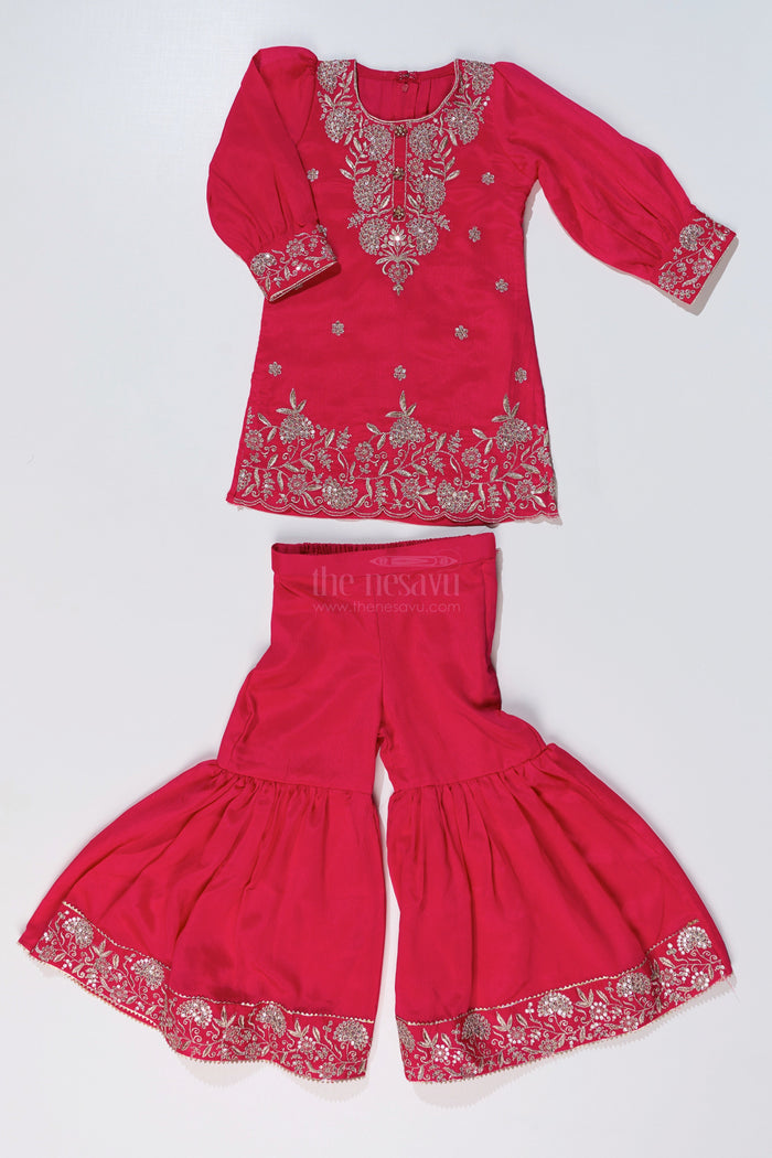 The Nesavu Girls Sharara / Plazo Set Elegant Plain Kurti Plazo Set for Girls with Embroidered Chinon Fabric and Flared Bottom Nesavu Nesavu Elegant Plain Kurti Plazo Set Girls Embroidered Chinon Fabric Flared Bottom