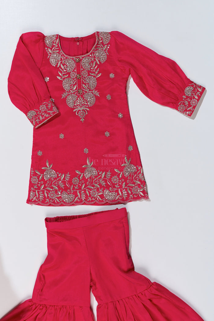 The Nesavu Girls Sharara / Plazo Set Elegant Plain Kurti Plazo Set for Girls with Embroidered Chinon Fabric and Flared Bottom Nesavu Nesavu Elegant Plain Kurti Plazo Set Girls Embroidered Chinon Fabric Flared Bottom