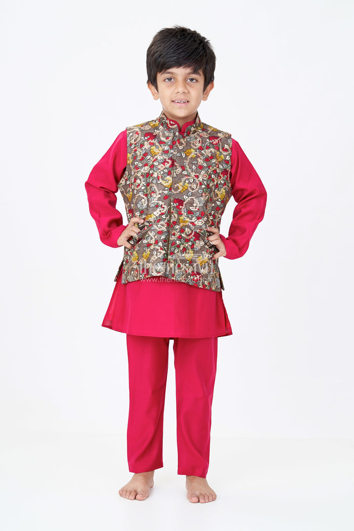 The Nesavu Boys Jacket Sets Elegant Red Kurta with Jacket Set for Boys in Jacquard Silk with Floral Embroidery Nesavu Nesavu Elegant Red Kurta Jacket Set Boys Jacquard Silk Floral Embroidery