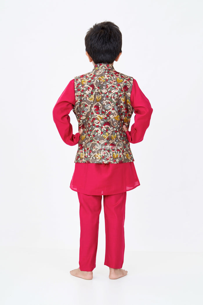 The Nesavu Boys Jacket Sets Elegant Red Kurta with Jacket Set for Boys in Jacquard Silk with Floral Embroidery Nesavu Nesavu Elegant Red Kurta Jacket Set Boys Jacquard Silk Floral Embroidery