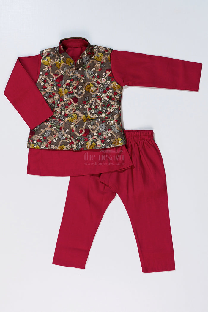The Nesavu Boys Jacket Sets Elegant Red Kurta with Jacket Set for Boys in Jacquard Silk with Floral Embroidery Nesavu Nesavu Elegant Red Kurta Jacket Set Boys Jacquard Silk Floral Embroidery