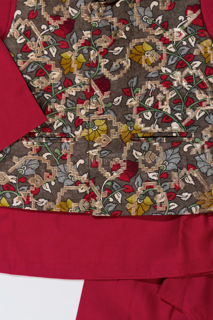 The Nesavu Boys Jacket Sets Elegant Red Kurta with Jacket Set for Boys in Jacquard Silk with Floral Embroidery Nesavu Nesavu Elegant Red Kurta Jacket Set Boys Jacquard Silk Floral Embroidery