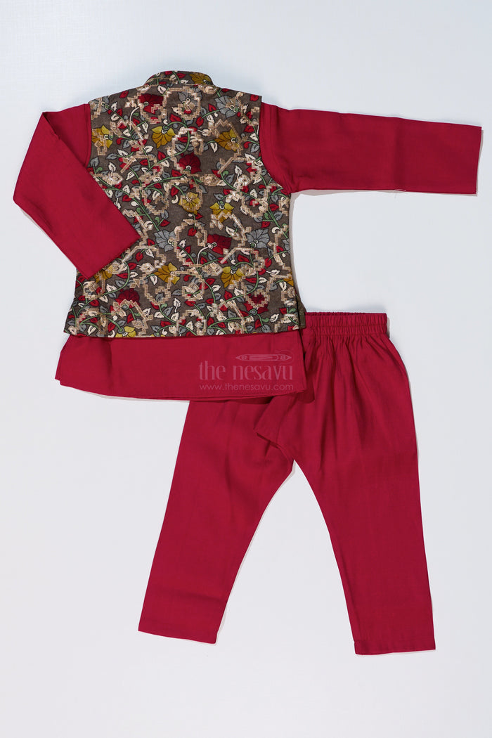 The Nesavu Boys Jacket Sets Elegant Red Kurta with Jacket Set for Boys in Jacquard Silk with Floral Embroidery Nesavu Nesavu Elegant Red Kurta Jacket Set Boys Jacquard Silk Floral Embroidery