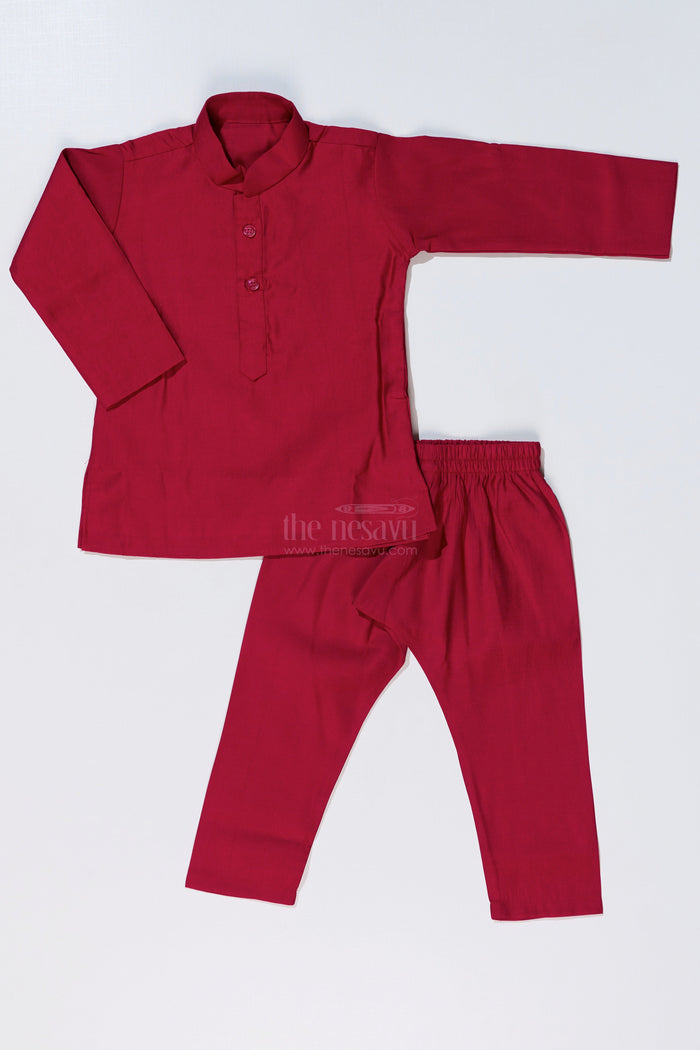 The Nesavu Boys Jacket Sets Elegant Red Kurta with Jacket Set for Boys in Jacquard Silk with Floral Embroidery Nesavu Nesavu Elegant Red Kurta Jacket Set Boys Jacquard Silk Floral Embroidery