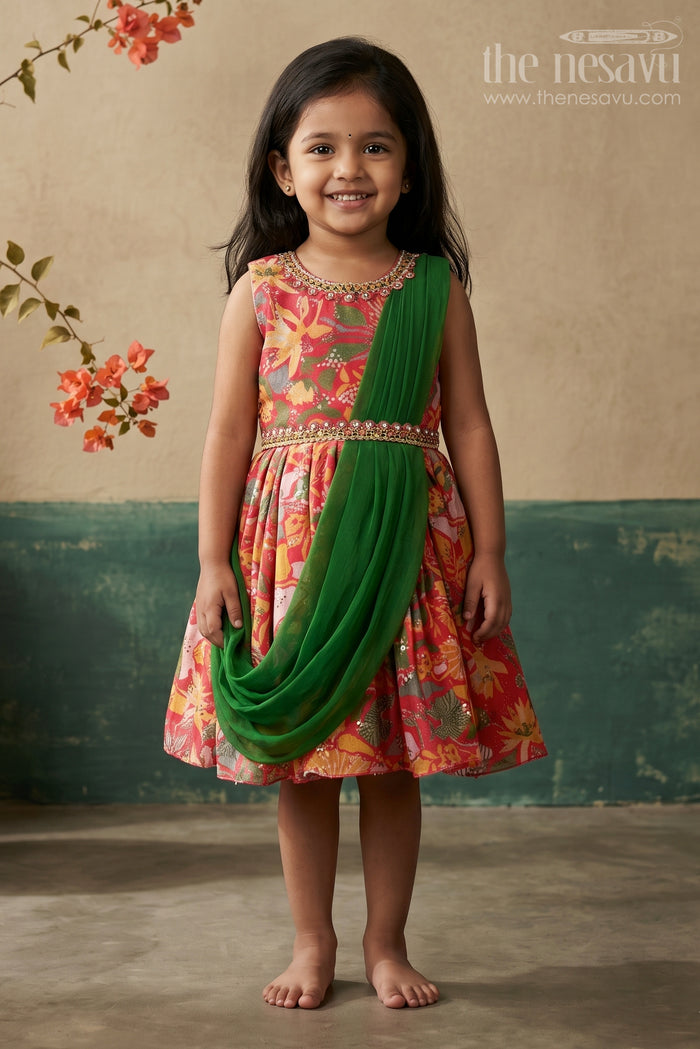The Nesavu Silk Party Frock Elegant Red Silk Party Frock for Girls with Exquisite Detailing Nesavu 18 (2Y) / Red / Chinnon SF747A-18 Red Silk Party Frock for Girls | The Nesavu