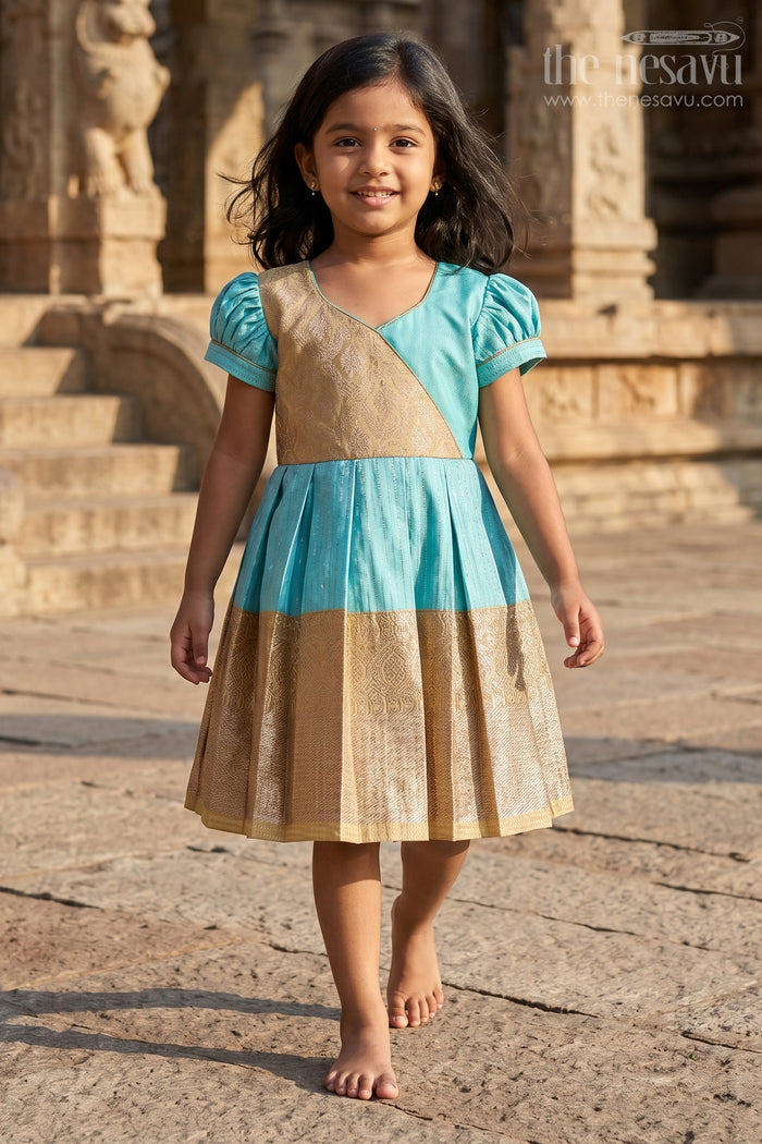 The Nesavu Girls Kanchi Silk Frock Elegant Sky Blue Frock for Girls with Kanchipuram Inspired Silk and Gold Zari Pleated Border Nesavu Sky Blue Frock Girls Kanchipuram Inspired Silk Gold Zari Pleated Border | The Nesavu