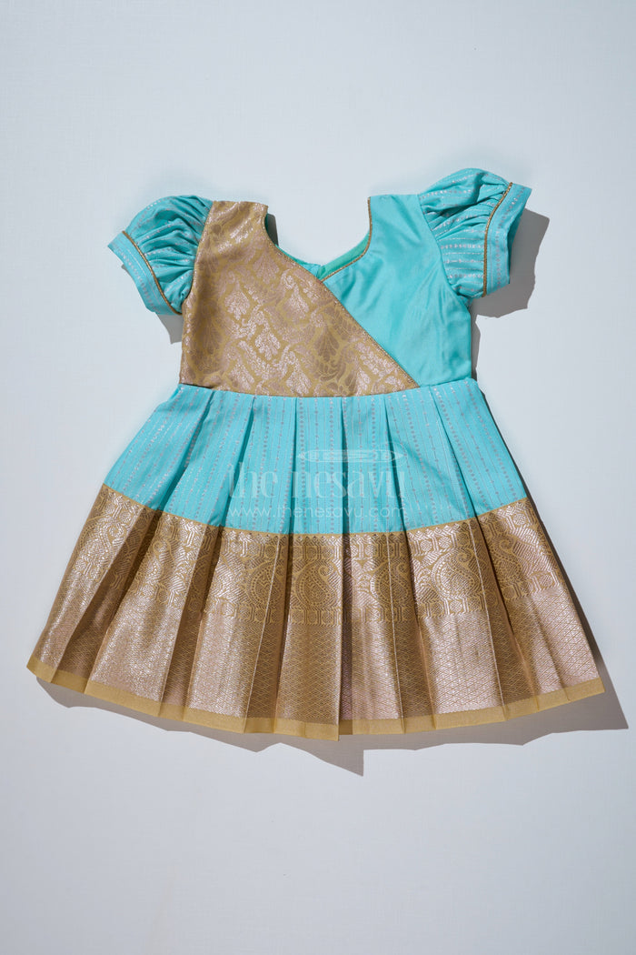 The Nesavu Girls Kanchi Silk Frock Elegant Sky Blue Frock for Girls with Kanchipuram Inspired Silk and Gold Zari Pleated Border Nesavu 14 (6M) / Blue / Style 1 SF823AA-14 Nesavu Sky Blue Frock Girls Kanchipuram Inspired Silk Gold Zari Pleated Border