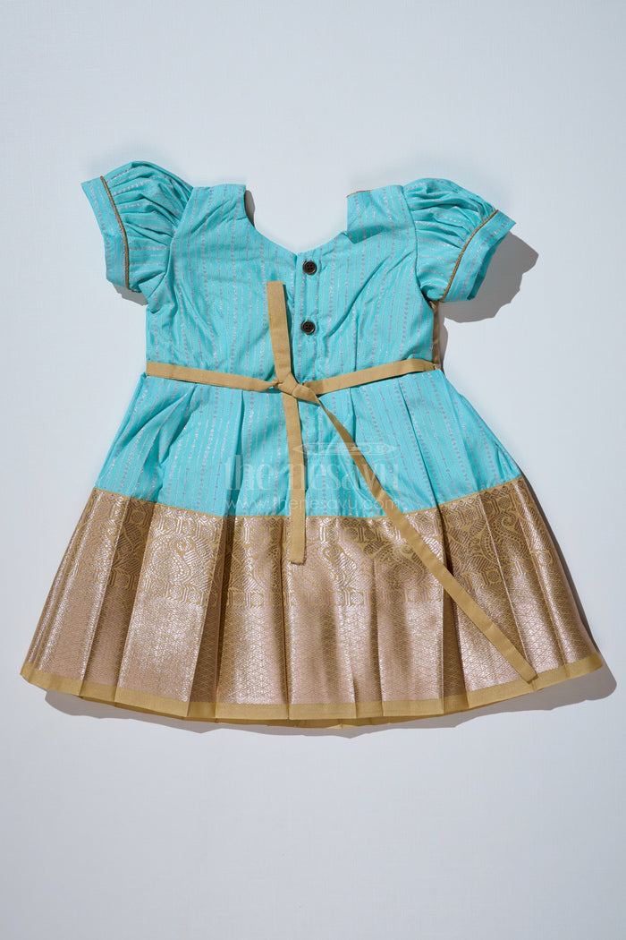The Nesavu Girls Kanchi Silk Frock Elegant Sky Blue Frock for Girls with Kanchipuram Inspired Silk and Gold Zari Pleated Border Nesavu Nesavu Sky Blue Frock Girls Kanchipuram Inspired Silk Gold Zari Pleated Border