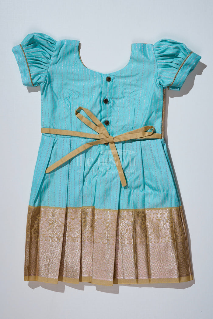The Nesavu Girls Kanchi Silk Frock Elegant Sky Blue Frock for Girls with Kanchipuram Inspired Silk and Gold Zari Pleated Border Nesavu Nesavu Sky Blue Frock Girls Kanchipuram Inspired Silk Gold Zari Pleated Border