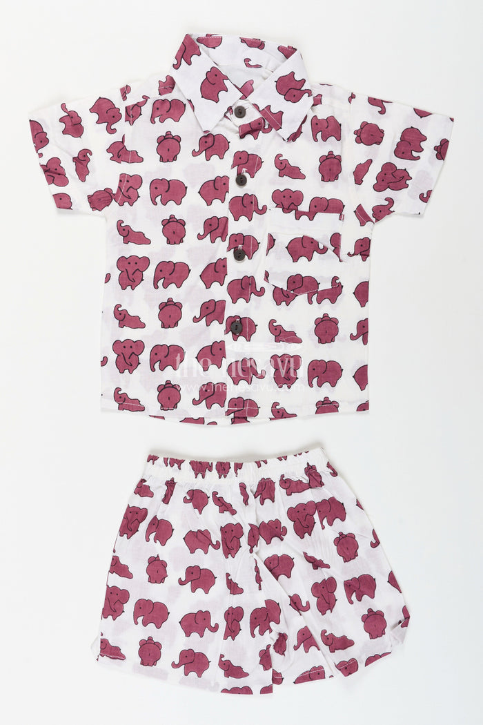 The Nesavu Boys Casual Set Elephant print cotton set for toddler boys' summer wardrobe Nesavu 16 (1Y) / Maroon BCS407A-16 Nesavu toddler boys cotton co-ord set cute elephant print  breathable outfit summer days