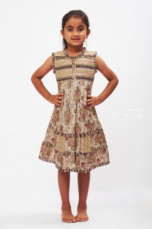 The Nesavu Girls Cotton Frock Embellished Green Floral Cotton Frock for Girls Nesavu 22 (4Y) / Green / Cotton GFC1250A-22 Girls Floral Sequin Cotton Dress | Playful & Elegant Frock | The Nesavu