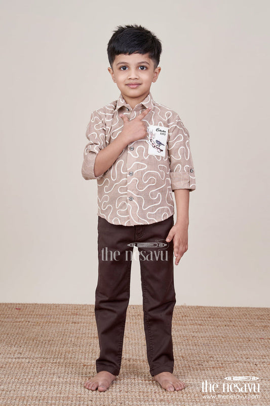 The Nesavu Boys Casual Set Embroidered Boys Casual Shirt and Trouser Set Smart and Breathable Daywear Nesavu 16 (1Y) / Brown BES900B-16 Nesavu boys casual cotton outfit embroidery dark trousers  everyday style