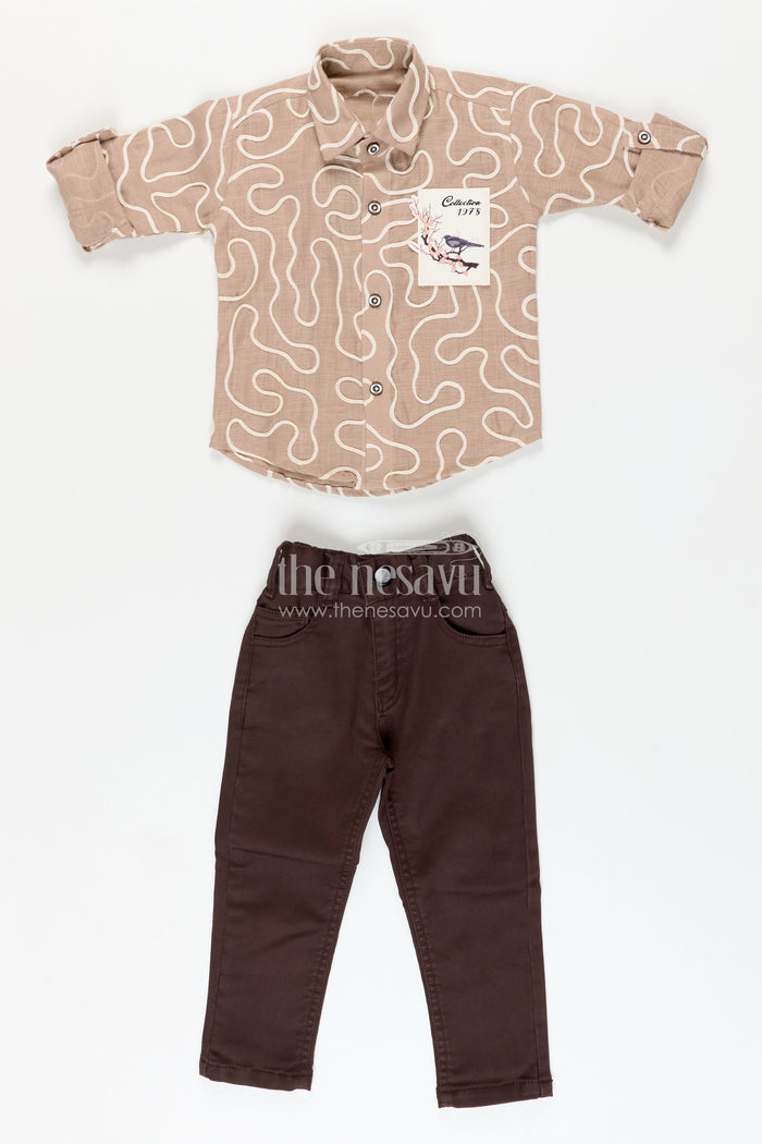 The Nesavu Boys Casual Set Embroidered Boys Casual Shirt and Trouser Set Smart and Breathable Daywear Nesavu Nesavu boys casual cotton outfit embroidery dark trousers  everyday style