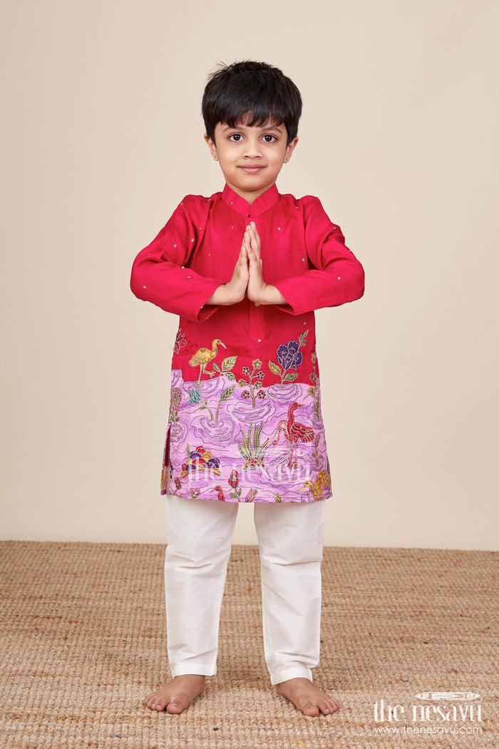 The Nesavu Boys Kurtha Set Embroidered Boys Kurta Set with Animal and Lotus Motifs for Cultural Events Nesavu Nesavu boys embroidered kurta pajama set scenic lotus bird motifs  ethnic festive wear