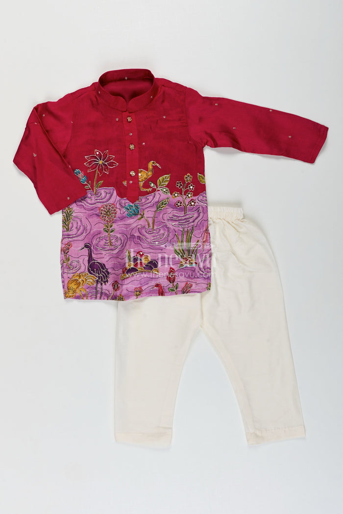 The Nesavu Boys Kurtha Set Embroidered boys kurta set with animal and lotus motifs for cultural events Nesavu Nesavu boys embroidered kurta pajama set scenic lotus bird motifs  ethnic festive wear