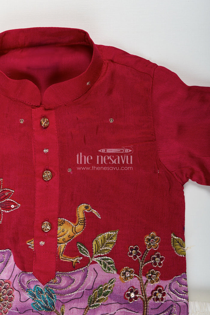 The Nesavu Boys Kurtha Set Embroidered boys kurta set with animal and lotus motifs for cultural events Nesavu Nesavu boys embroidered kurta pajama set scenic lotus bird motifs  ethnic festive wear