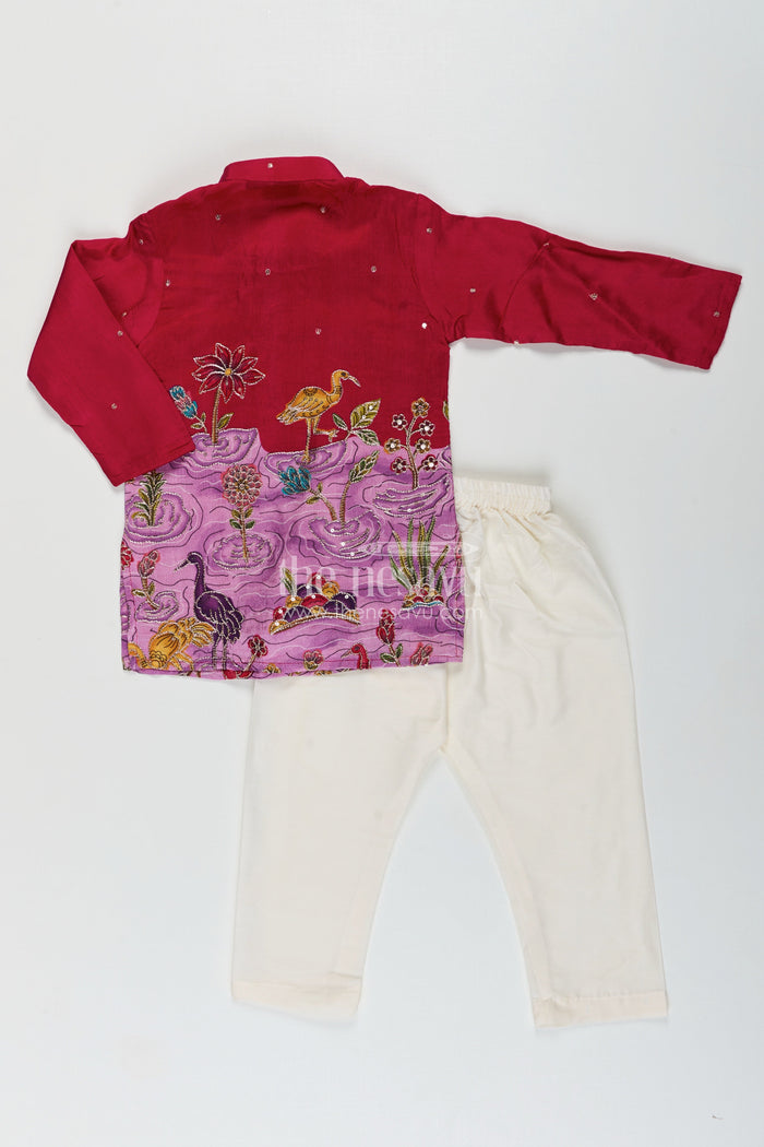 The Nesavu Boys Kurtha Set Embroidered boys kurta set with animal and lotus motifs for cultural events Nesavu Nesavu boys embroidered kurta pajama set scenic lotus bird motifs  ethnic festive wear