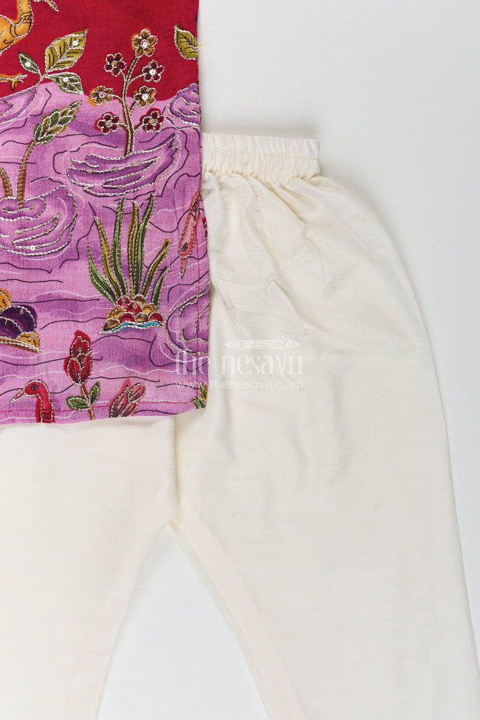 The Nesavu Boys Kurtha Set Embroidered boys kurta set with animal and lotus motifs for cultural events Nesavu Nesavu boys embroidered kurta pajama set scenic lotus bird motifs  ethnic festive wear