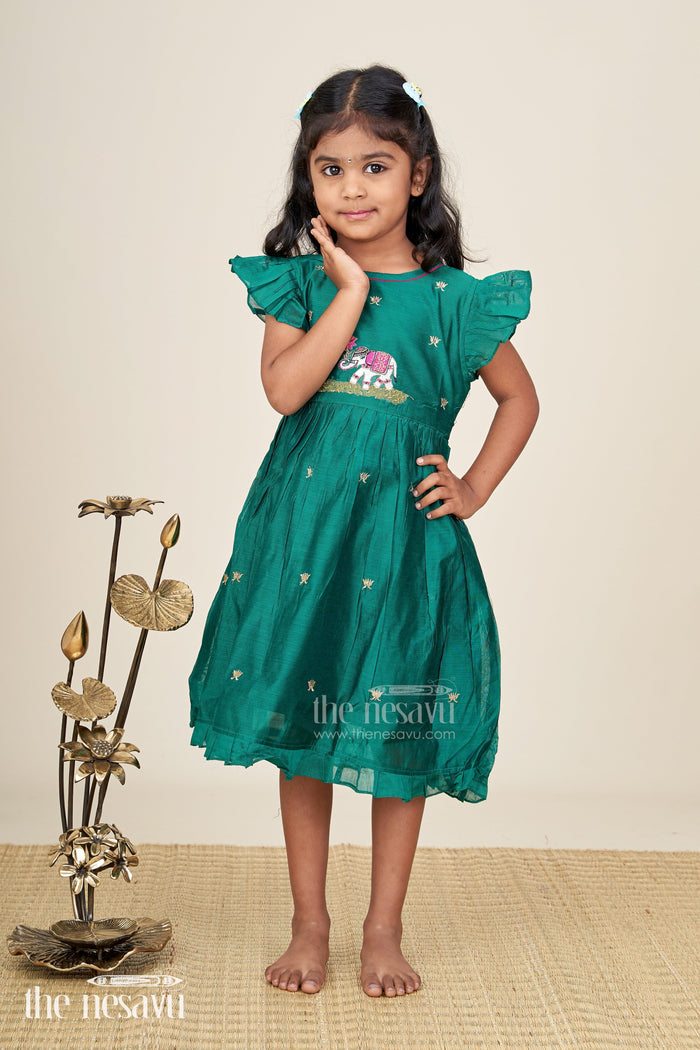 The Nesavu Girls Chanderi Frock Embroidered Chanderi Frock For Girls Festive Ethnic Wear Nesavu Nesavu Girls Green Designer Chanderi Frock Thread Embroidery Traditional Waist Bow