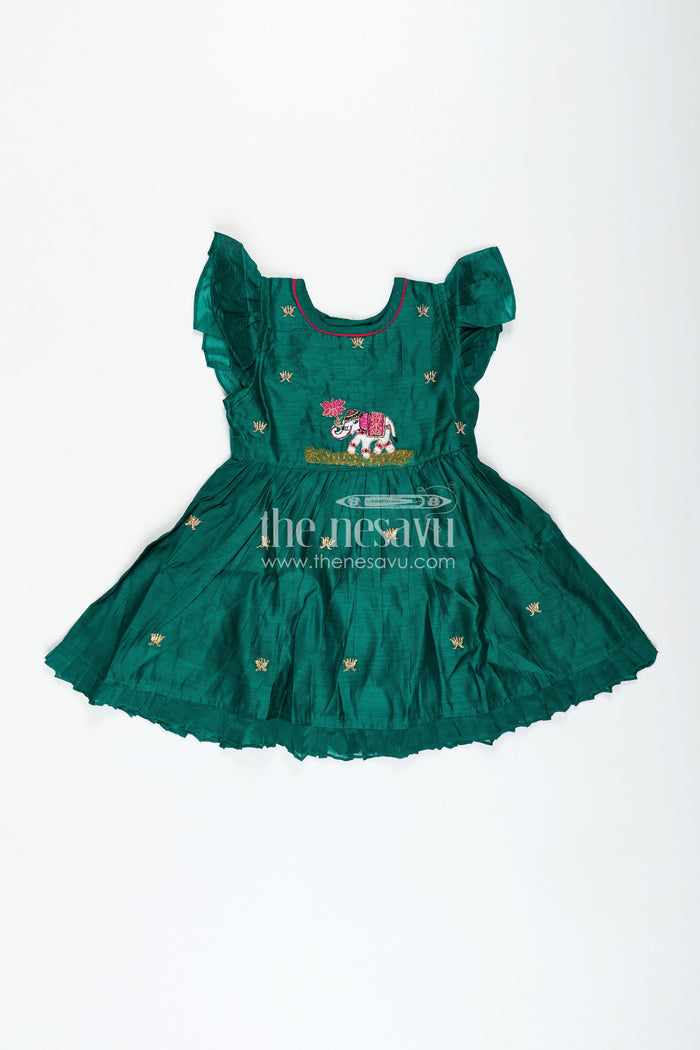 The Nesavu Girls Chanderi Frock Embroidered Chanderi Frock for Girls Festive Ethnic Wear Nesavu 16 (1Y) / Green GFC1836A-16 Nesavu Girls Green Designer Chanderi Frock Thread Embroidery Traditional Waist Bow