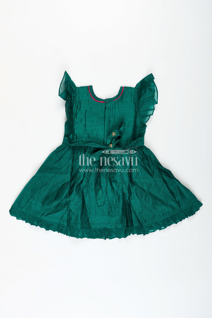 The Nesavu Girls Chanderi Frock Embroidered Chanderi Frock for Girls Festive Ethnic Wear Nesavu Nesavu Girls Green Designer Chanderi Frock Thread Embroidery Traditional Waist Bow