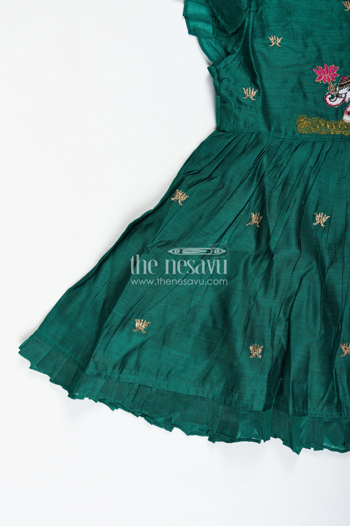 The Nesavu Girls Chanderi Frock Embroidered Chanderi Frock for Girls Festive Ethnic Wear Nesavu Nesavu Girls Green Designer Chanderi Frock Thread Embroidery Traditional Waist Bow